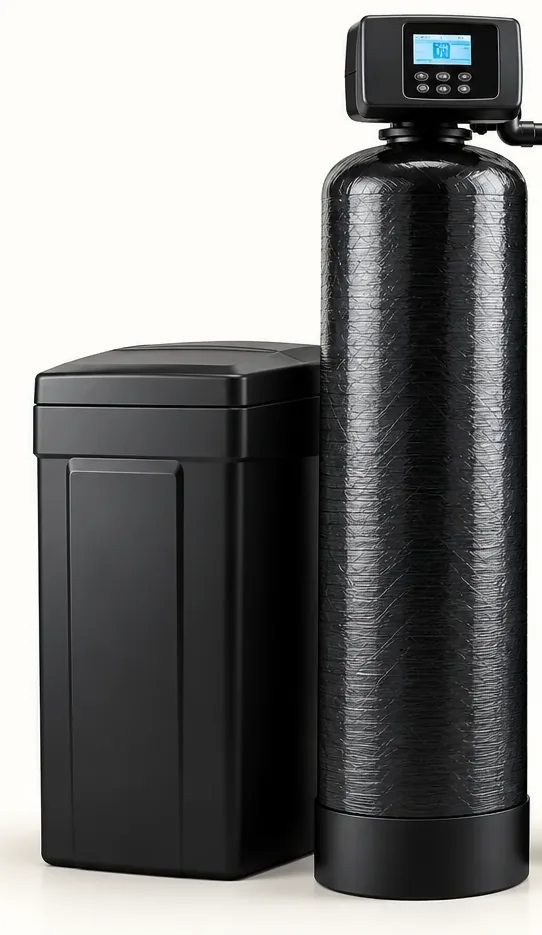 Metered water softener tank beside a brine tank
