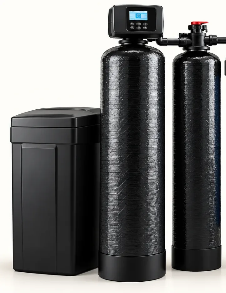 Water softener with a carbon filtration tank and brine tank