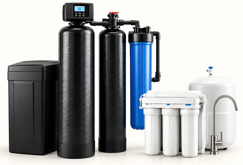 Full system: softener, carbon filter, sediment filter and under-sink reverse osmosis with faucet